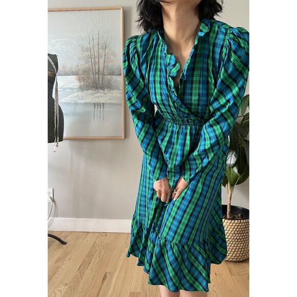 Vintage Taffeta Plaid Puff Sleeve Fit Flare Dress small wrap top blue green - Picture 5 of 8